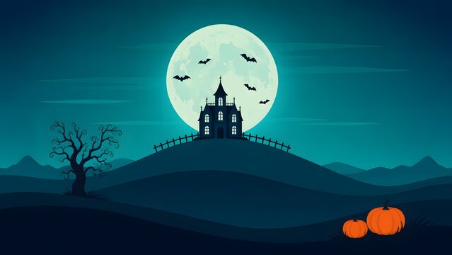 A spooky halloween night scene featuring a dark castle silhouetted against a large full moon with bats and pumpkins in the foreground