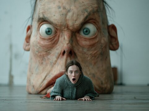 Terrified woman with a huge, grotesque head in background