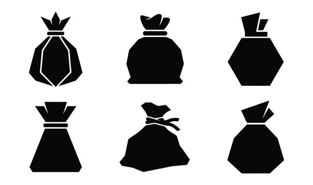 Collection of various money sacks and tied bags black silhouettes with money sack