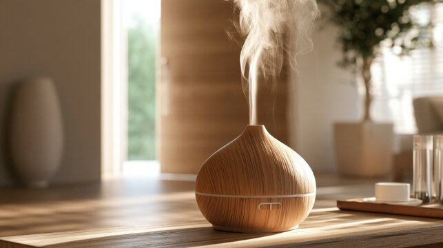Wooden essential oil diffuser releasing vapor in a calm and cozy room with natural light and plant background for aromatherapy and relaxation