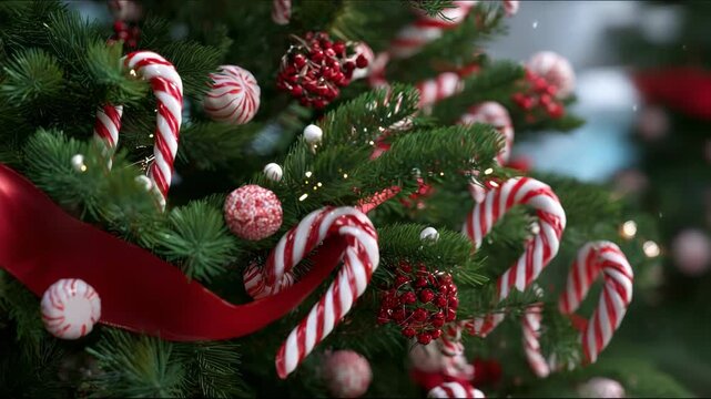 Festive Christmas Tree Decorated with Candy Canes and Ornaments