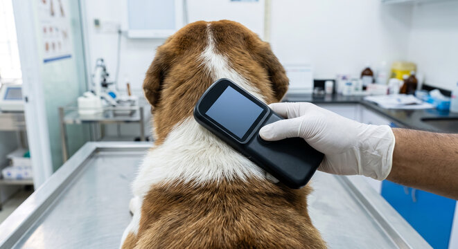 Professional scanning saint bernard dog with microchip reader in clean white vet clinic.