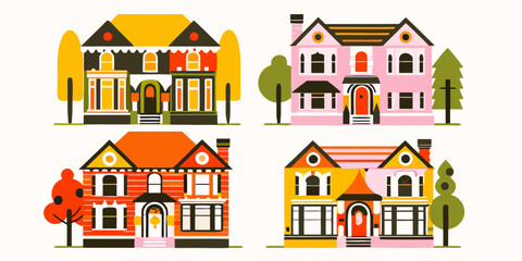 Fototapeta premium Colorful houses vector illustration with geometric shapes and flat design