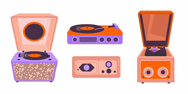 Vintage record players in pastel colors flat vector illustration