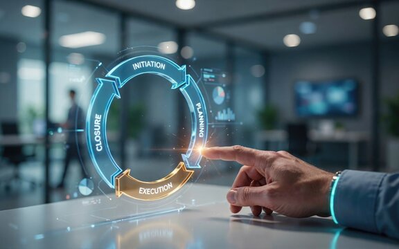 Digital project management lifecycle interface being controlled by professional businessman touching a glowing holographic screen inside modern corporate office environment