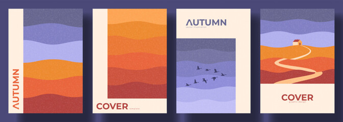 Fototapeta premium Modern Minimalistic Autumn Poster Set. Autumn vector flyers featuring abstract landscapes with layered hills and sky. Covers for seasonal brochure, branding, fall-themed project, packaging, promotion.