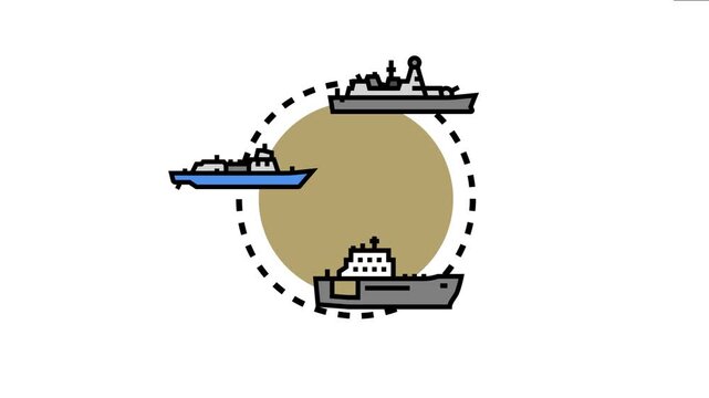 Collection of naval vessels featuring different types of ships and boats, visualizing concepts of national defense, maritime security, and marine transportation