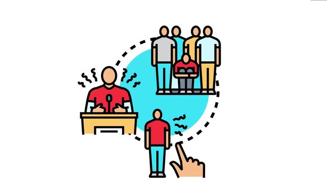 People experiencing anxiety and fear of judgment in public while a confident individual speaks at a podium. Symbolizing overcoming shyness and embracing boldness and communication in front of audience