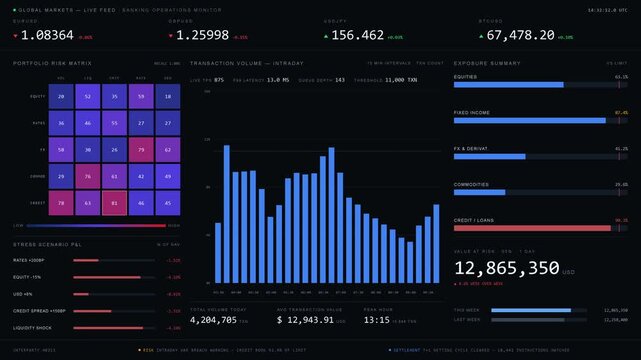 Explore the intricacies of financial risk analytics through a dynamic banking operations monitor featuring real-time data visualizations and a sleek, modern interface.