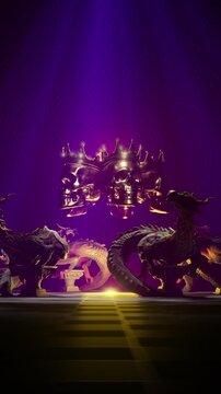 3D Animation of Crowned Golden Skulls and Dragon Statues in Purple Temple