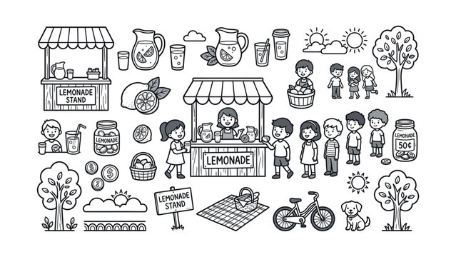 Doodle Lemonade Stand Set: Kids, Summer, Drinks, Food, and More - Vector Graphics
