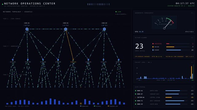 A detailed 5G infrastructure network operations monitor featuring a live topology map, real-time data flow animations, and performance metrics for telecom operations.