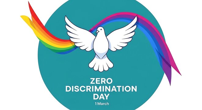 Zero Discrimination Day banner with white dove and rainbow colors.