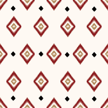 Red and Gold Ikat Diamond Seamless Pattern on Cream Background, Hand-Drawn Traditional Textile Design Inspired by Woven Geometric Motifs for Fabric, Fashion, Wallpaper and Home Decor