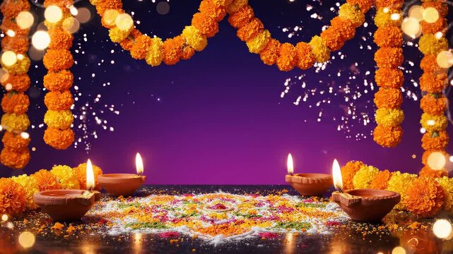 Traditional Indian festival scene featuring marigold flowers, clay oil lamps, intricate rangoli art, and sparkling fireworks creating a joyful and celebratory atmosphere.