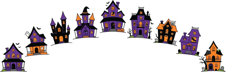 Fototapeta premium Set of spooky haunted houses for halloween vector illustration featuring various creepy mansions and gothic architecture designs