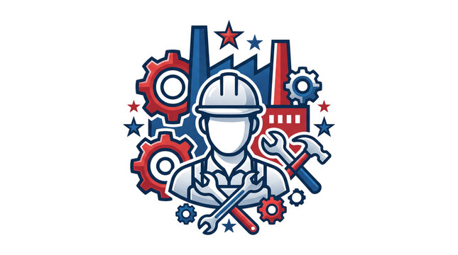 Worker emblem featuring industrial tools, gears, and factory silhouettes represents labor and manufacturing.