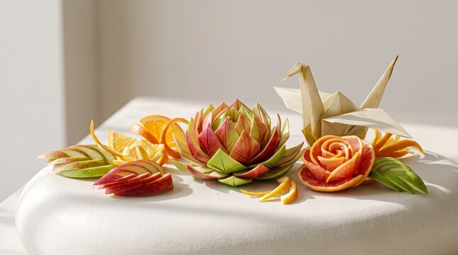 Fresh fruit transformed into elegant origami-inspired sculptures, blending natural textures with contemporary artistic design