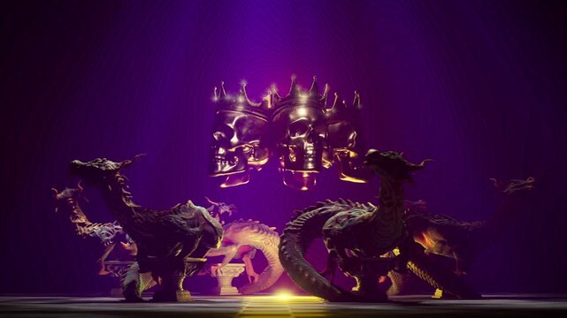 Mystic Dragon Sanctuary with Levitating King Skulls and Violet Ambient Glow