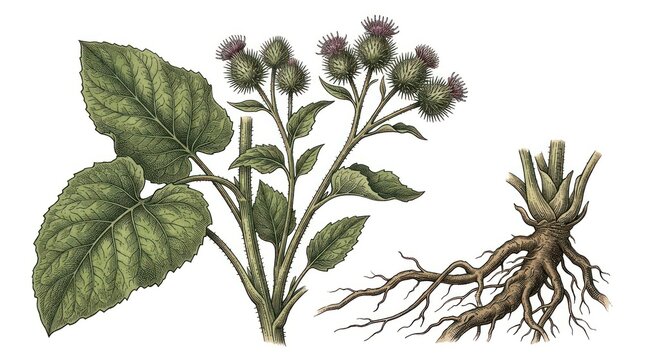Dynamic Botanical of Burdock Plant Showcasing Roots Leaves and Spiky Seed Heads in Detailed Artistic Style