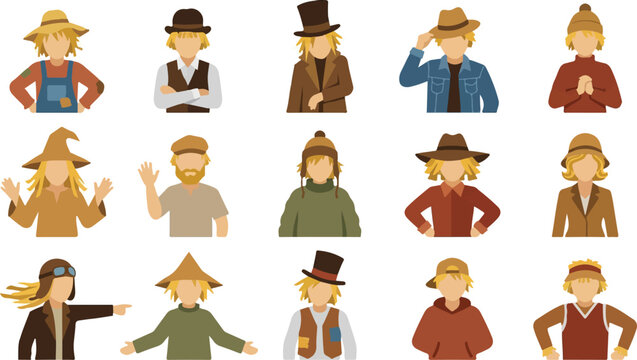cartoon faceless character set, vector avatars and people icons with costumes and hats, flat design EPS collection for web interface and design, genderless man and woman figures concept