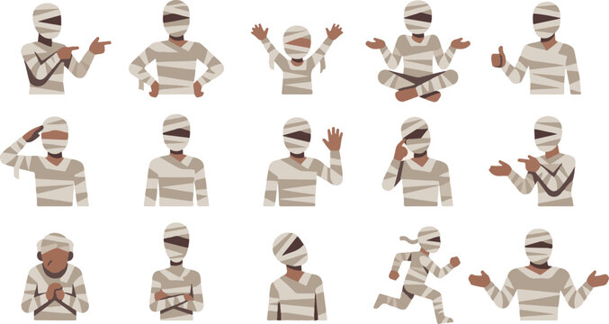Mummy character set, wrapped in bandages. 2 icons. Halloween season. Costume illustration collection. White and beige stripes. Holiday decoration visuals. Halloween