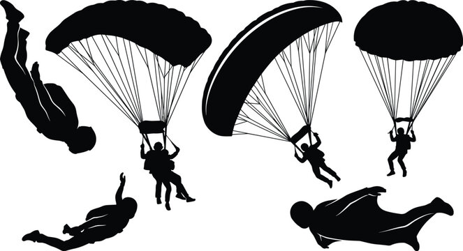 Skydiving Parachuting Paragliding and Wingsuit Flying Vector Silhouette Set Extreme Sports Collection