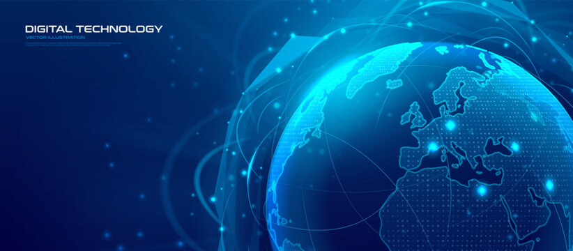 Network of global connectivity concept. Luminous Earth surrounded by communication lines symbolizing data flows across continents and 5G tech. Global network, data transfer. Vector illustration.