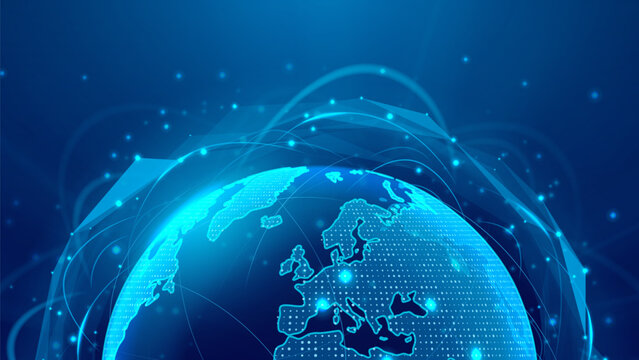 Global connectivity network concept. Vector illustration with glowing Earth surrounded by communication satellites. worldwide connectivity, data exchange, internet infrastructure, 5G technology.