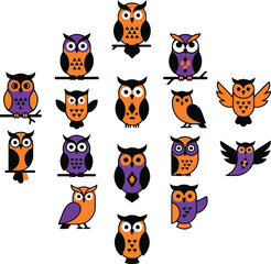 Obraz premium Set of cute cartoon owl characters for halloween vector design elements isolated on a white background