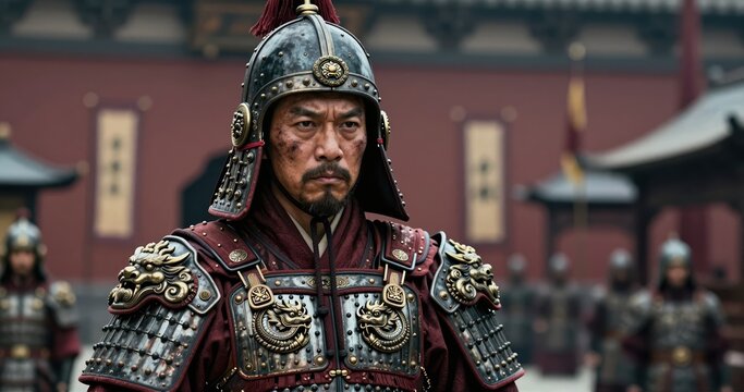 A Chinese imperial soldier set against the backdrop of a historic city, symbolizing military heritage, patriotism, courage, and memories within an urban environment.