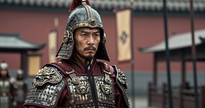 A Chinese imperial soldier set against the backdrop of a historic city, symbolizing military heritage, patriotism, courage, and memories within an urban environment.