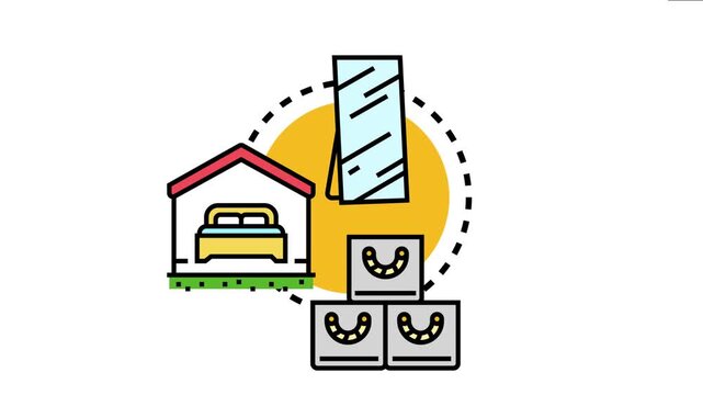 Bedroom interior redesign project picturing a house with a bed, a mirror, and packed boxes, representing home reorganization, cleaning, and improvement processes