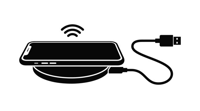 Wireless charger with smartphone and usb cable black silhouette on white background