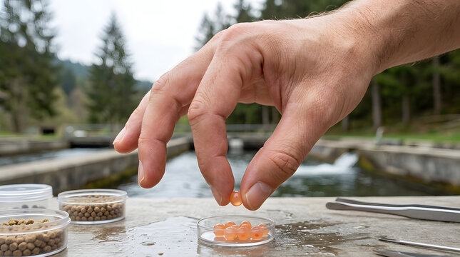 Hand Selecting Trout Egg from Petri Dish at Outdoor Hatchery
