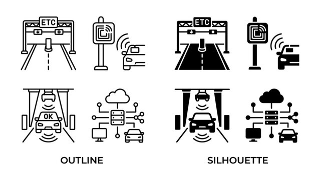 Smart Toll Booths and Connected Cars: A set of illustrations depicting smart toll booths with electronic toll collection systems, connected cars communicating wirelessly, and cloud infrastructure.