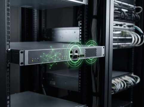 Hardware security module in a data center server rack with glowing green cryptographic graphics