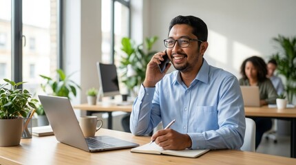 Obraz premium Potrait of young smiling cheerful enterpreneur in casual office making phone call while working with laptop