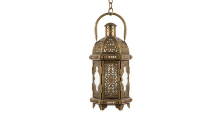 Ornate antique brass lantern with intricate cutouts and glass panels hanging © Sapphire