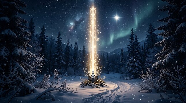 A magical glowing light pillar in a snowy winter forest under the northern lights