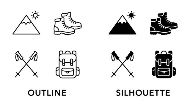 Hiking Gear Icons: A collection of outline and silhouette icons representing essential hiking equipment, including mountains, boots, trekking poles, and backpacks.