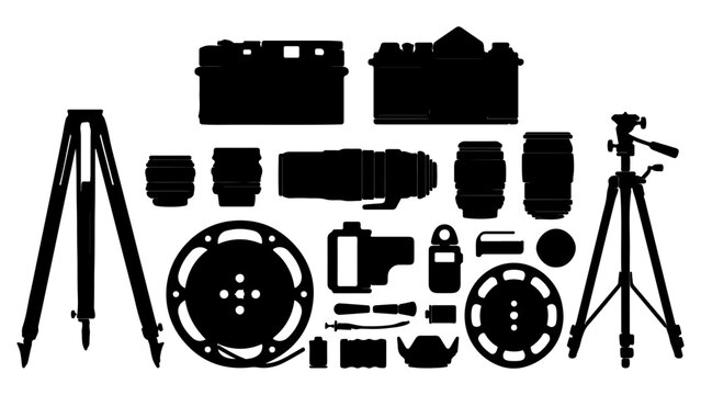 Photography and Video Production Equipment Silhouette Icons Set Isolated on Transparent Background
