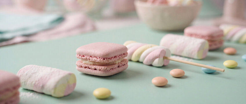 Pink macaron and twisted marshmallow candy arranged on a pastel green surface with sweet confectionery drops in soft studio light, ideal for bakery banner design or dessert party header