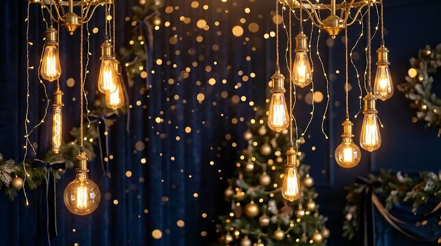 Festive christmas decorations with glowing vintage edison bulbs and golden string lights against a dark blue background