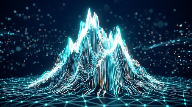 Digital mountain peak composed of glowing blue and white data streams rising against a dark space backdrop.