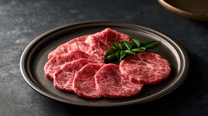 Fototapeta premium Close-up view of thinly sliced raw marbled red meat arranged on a dark ceramic round plate with green garnish on textured black surface