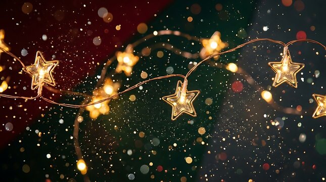 Glowing star shaped string lights on a dark festive background with golden bokeh particles and sparkles
