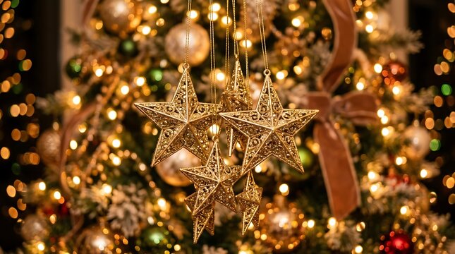 Hanging golden star ornaments decorating a Christmas tree with glowing fairy lights in the background