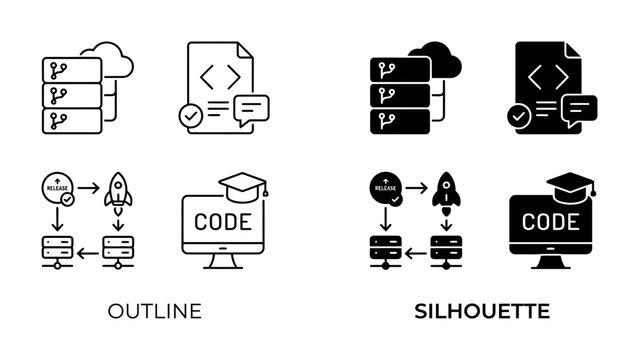 Coding and Development Icons: A set of icons representing coding, programming, database management, cloud computing, and software development processes, including outline and silhouette styles.