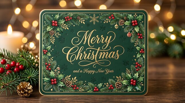 Merry Christmas and a Happy New Year greeting card with elegant festive floral frame on a wooden surface